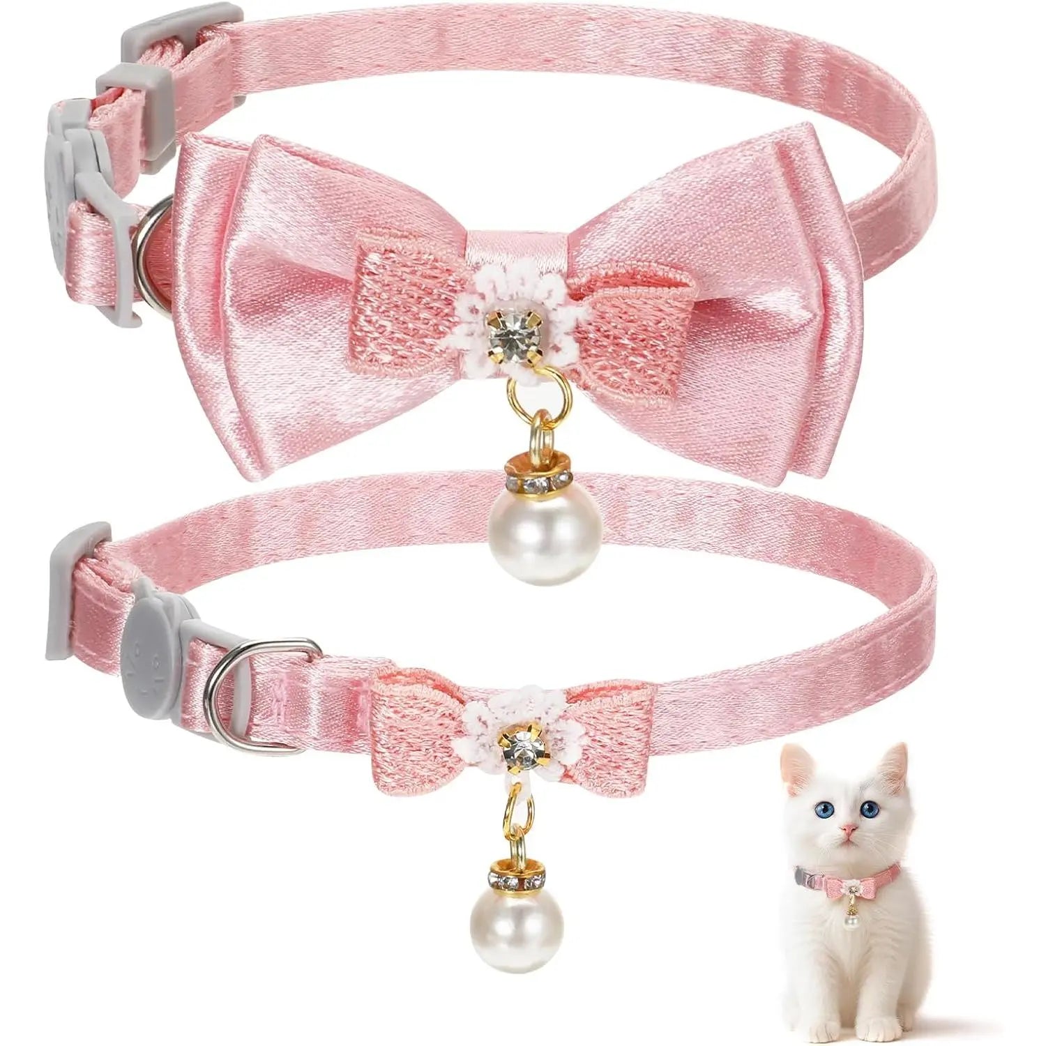 2Pack Adorable Cat Collar with Bow, Cute Kitten Collars for Girl Cats Pink Cat Bows & Accessories Breakaway Safety Cat Bowtie Collar(Style 1) Leash Cat Accessories Comfort Collars