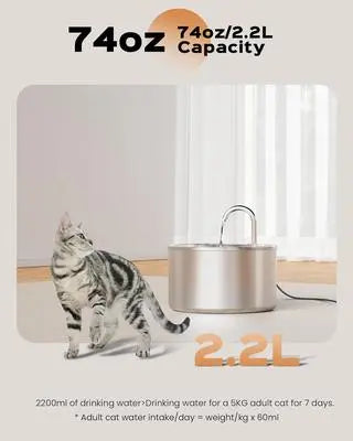 304 Stainless Steel Cat Water Fountain, 74Oz Capacity, Ultra-Quiet & Compact, Easy Cleaning, Keeps Water Fresh 24/7, No Sputter - Ideal for Pets